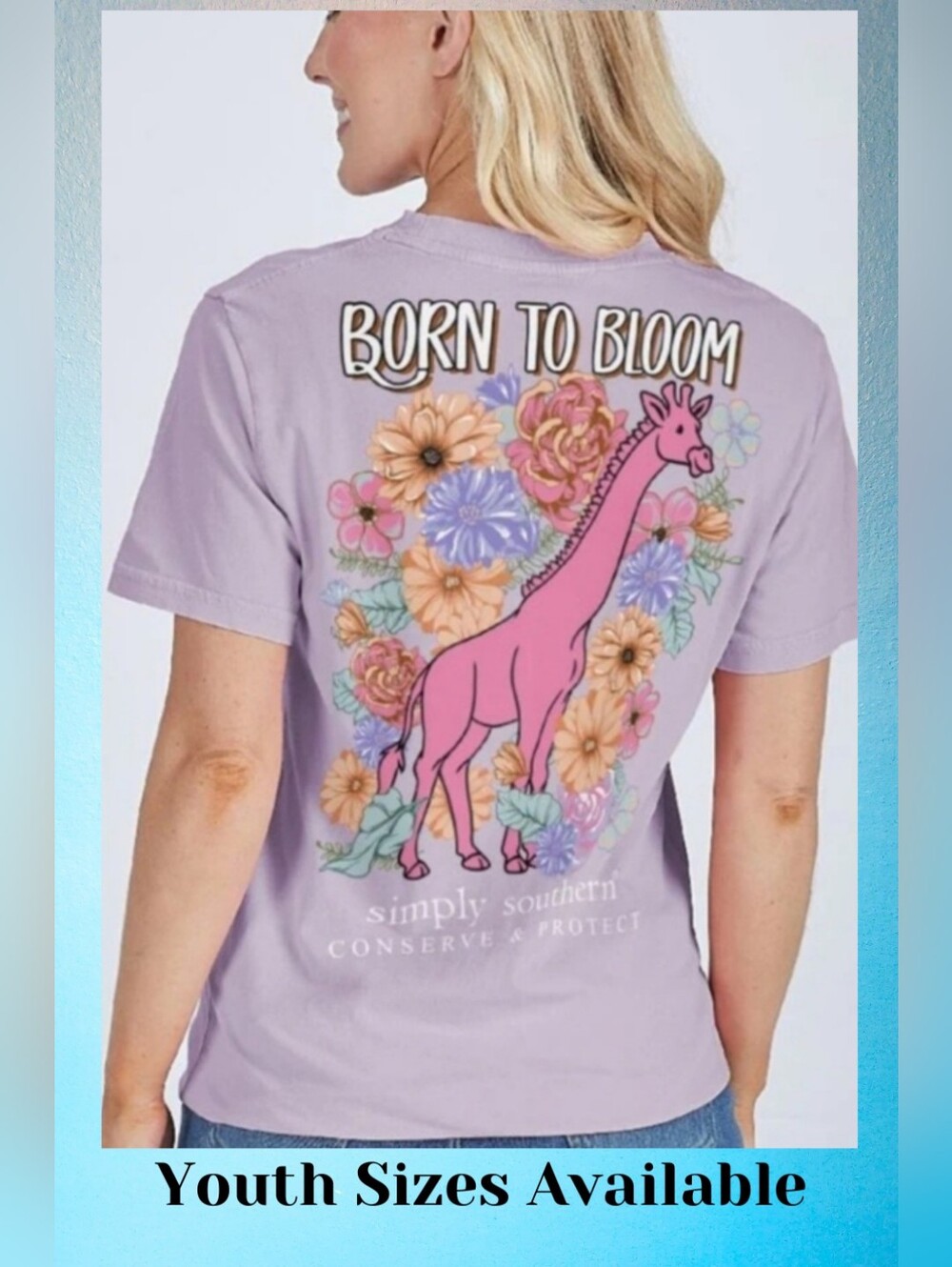 Simply Southern Youth Giraffe Floral Design Lavender Short Sleeves, NWT